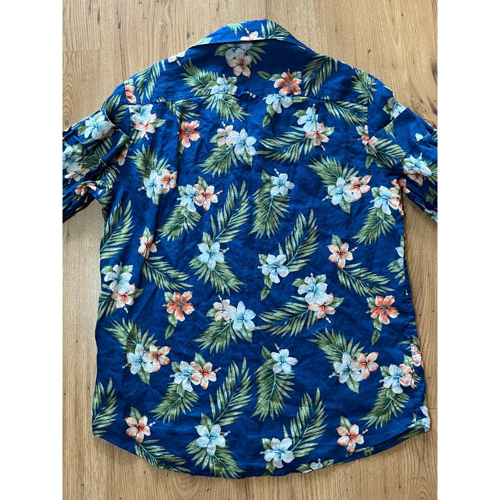 Club Room Linen Luxury Shirt Mens M Blue Floral Tropical Button Down Long Sleeve - Picture 4 of 8